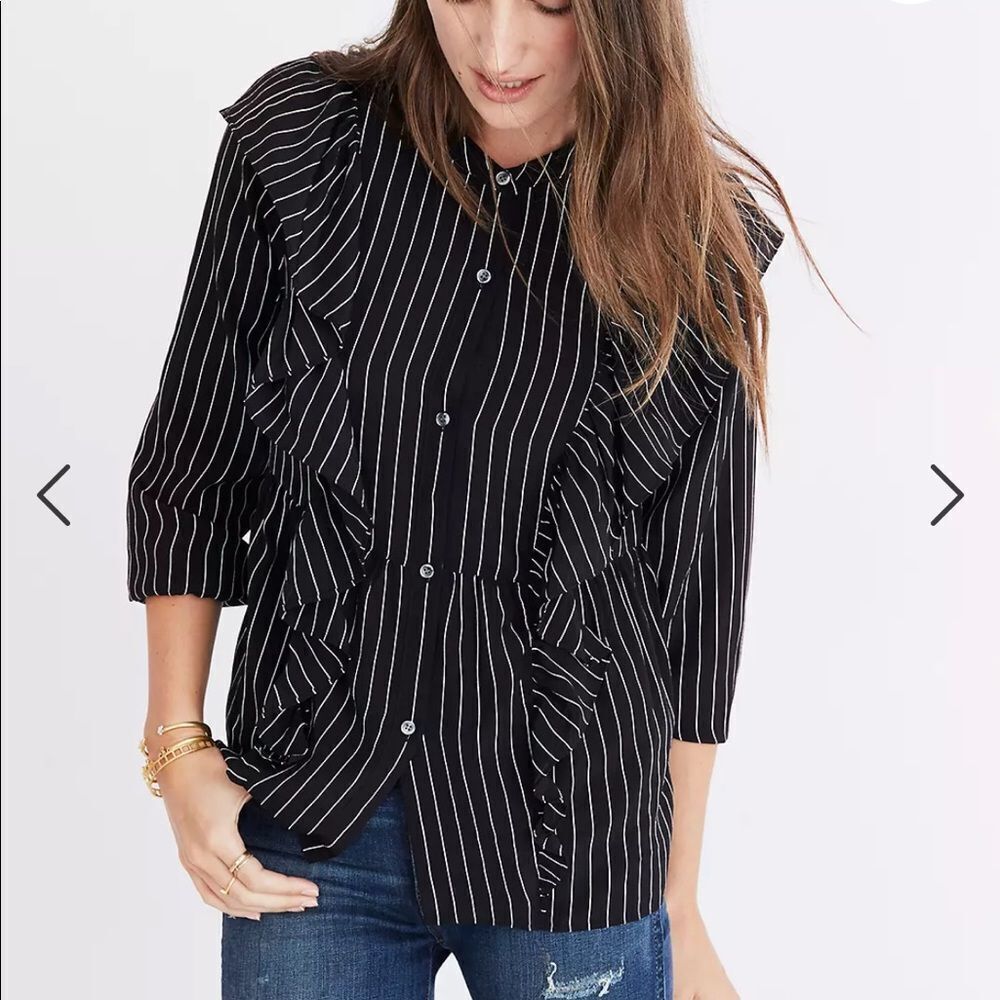Madewell Black Pinstripe Ruffle Button-Up Top